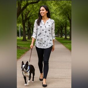 John Mark Boston Terrier Dog Print Tunic Cream Black Roll Tab Sleeves Size M